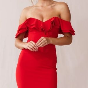 RED SELFIE LESLIE OFF THE SHOULDER RUFFLE SHOULDER SHORT COCKTAIL FORMAL DRESS